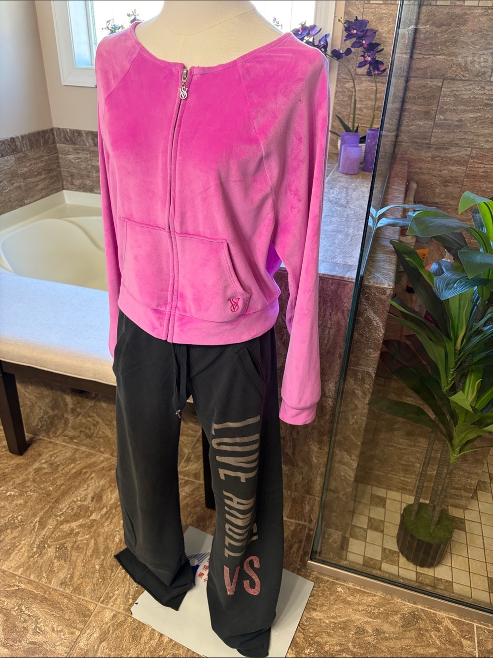 Victoria's Secret Pink Velour Zip-Up Bomber Jacket and Vintage Pants